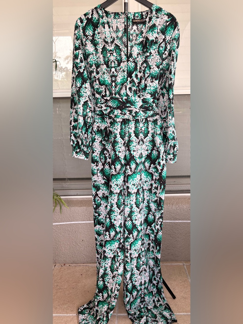 Green Snake-Print Long Sleeve Jumpsuit